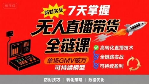 无人直播带货全链防封实战课，7天掌握高转化直播技术，实现单场GMV破万可持续模型-搞钱利器