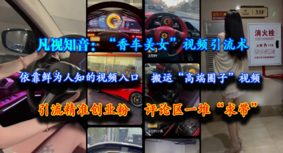 凡视知音：“香车美女”视频引流术，依靠鲜为人知的视频入口，搬运“高端圈子”视频，引流精准创业粉，评论区一堆“求带”-搞钱利器