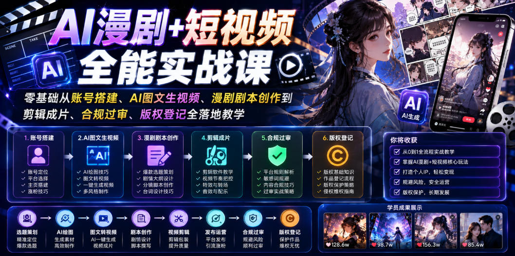 AI漫剧+短视频全能实战课｜零基础从账号搭建、AI图文生视频、漫剧剧本创作到剪辑成片、合规过审、版权登记全落地教学-搞钱利器