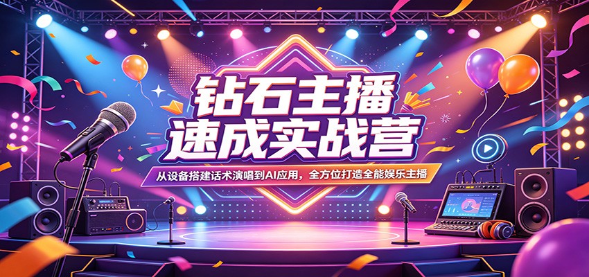 钻石主播速成实战营：从设备搭建话术演唱到AI应用，全方位打造全能娱乐主播-搞钱利器