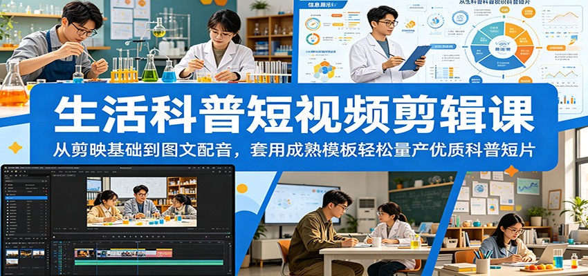 生活科普短视频剪辑课：从剪映基础到图文配音，套用成熟模板轻松量产优质科普短片-搞钱利器