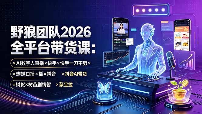 野狼团队2026全平台带货课-7月：AI数字人直播×快手一刀不剪×蝴蝶口播×抖音AI带货×树苗剧情智剪×聚宝盆-搞钱利器