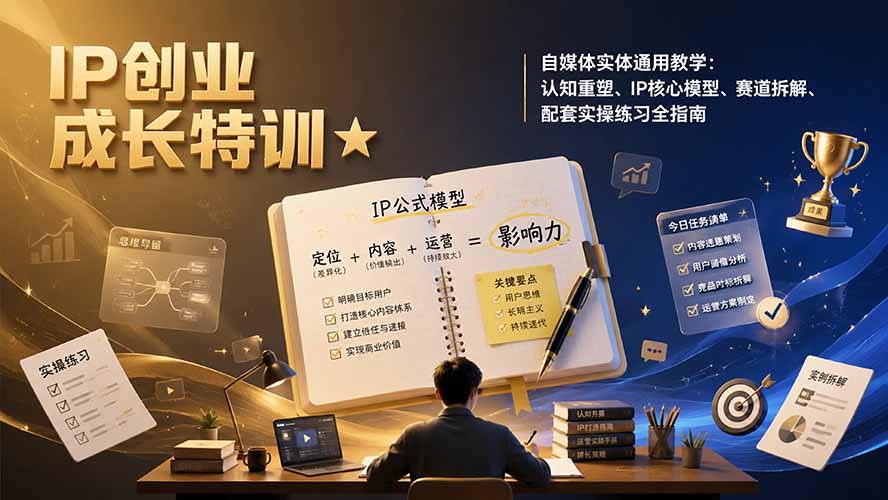 IP创业成长特训★自媒体实体通用教学：认知重塑、IP核心模型、赛道拆解、配套实操练习全指南-搞钱利器