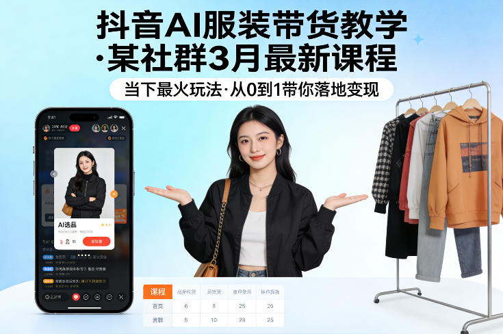 抖音AI服装带货教学,某社群3月最新课程,当下最火玩法,从0到1带你落地变现-搞钱利器