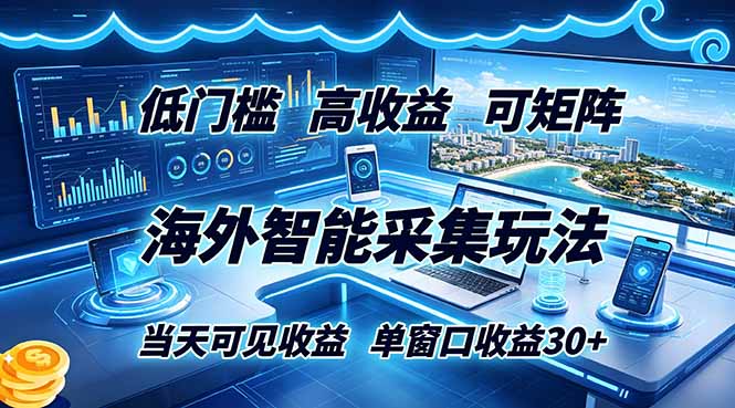 海外智能采集玩法，低门槛高单价可矩阵，当天可见收益，单窗口30+-搞钱利器