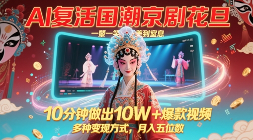 AI复活国潮京剧花旦，一颦一笑美到窒息，10分钟做出10W+爆款视频，多种变现方式，月入五位数-搞钱利器