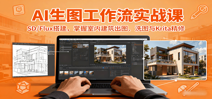 AI生图工作流实战课：SD/Flux搭建，掌握室内建筑出图、洗图与Krita精修-搞钱利器