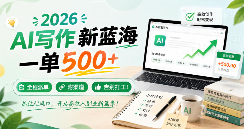 2026 AI写作新蓝海，一单500+，全程派单，附渠道，告别打工！【揭秘】-搞钱利器