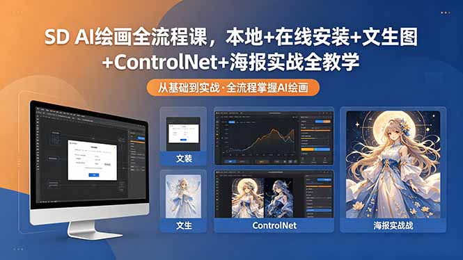 SD AI绘画全流程课，本地+在线安装+文生图+ControlNet+海报实战全教学-搞钱利器