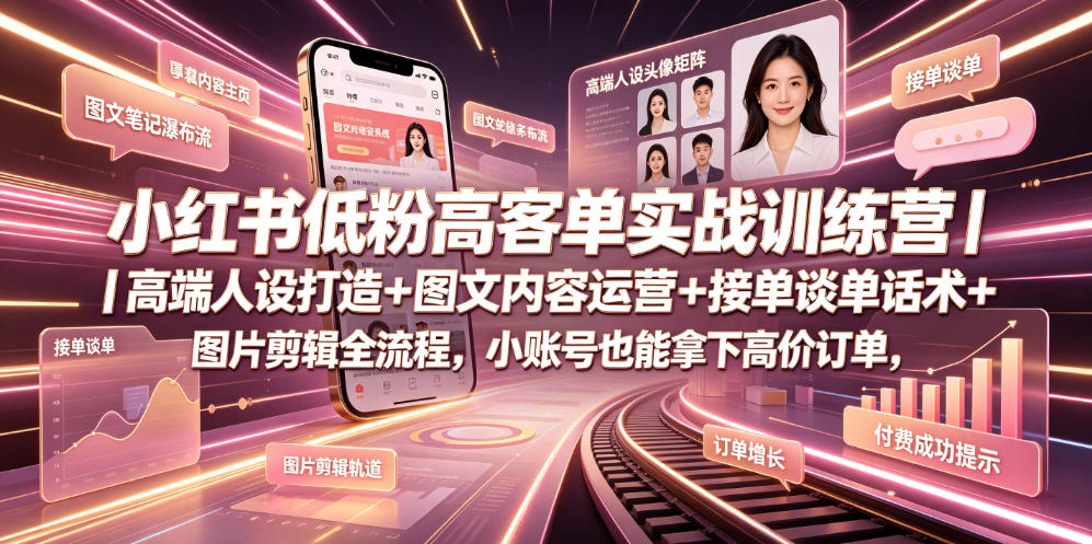 小红书低粉高客单实战训练营｜高端人设打造+图文内容运营+接单谈单话术+图片剪辑全流程，小账号也能拿下高价订单-搞钱利器