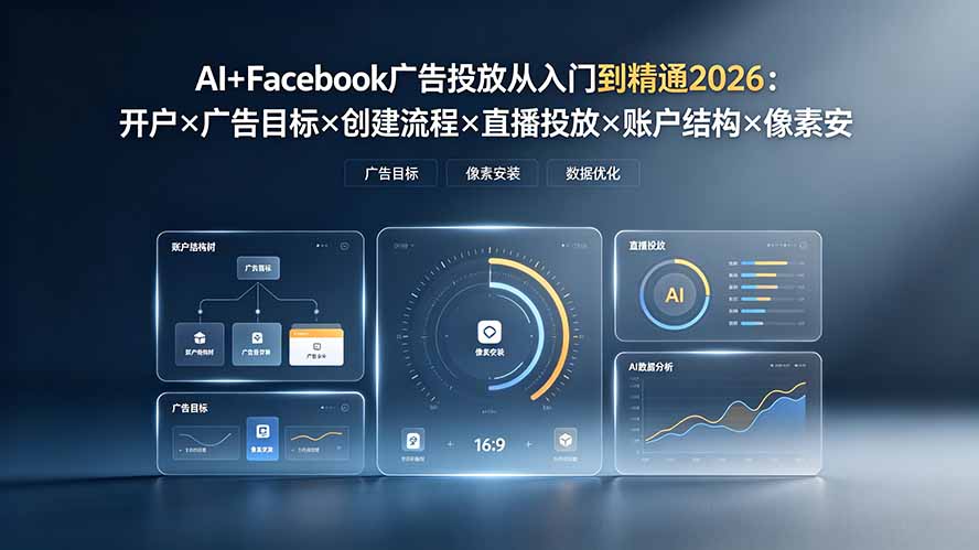 AI+Facebook广告投放从入门到精通2026:开户×广告目标×创建流程×直播投放×账户结构×像素安装×AI赋能-搞钱利器