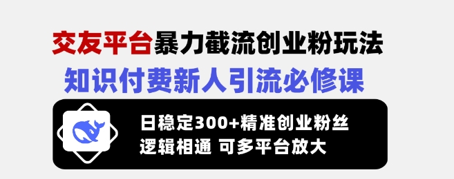 交友平台暴力截流创业粉玩法，知识付费新人引流必修课，日稳定300+精准创业粉丝，逻辑相通可多平台放大-搞钱利器