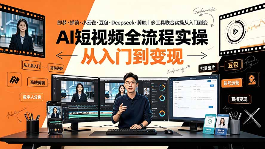 AI短视频全流程实操：即梦·蝉镜·小云雀·豆包·Deepseek·剪映｜多工具联合实操从入门到变现-搞钱利器
