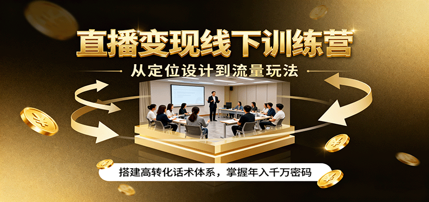 直播变现线下训练营，从定位设计到流量玩法，搭建高转化话术体系，掌握年入千万密码-搞钱利器