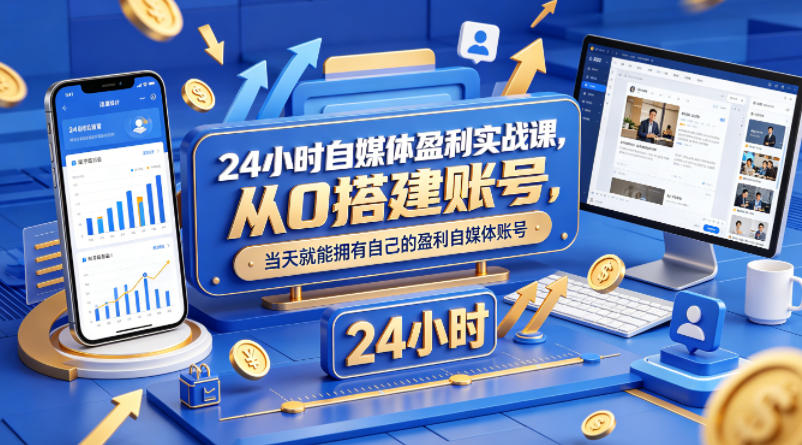 24小时自媒体盈利实战课，从0搭建账号，当天就能拥有自己的盈利自媒体账号-搞钱利器