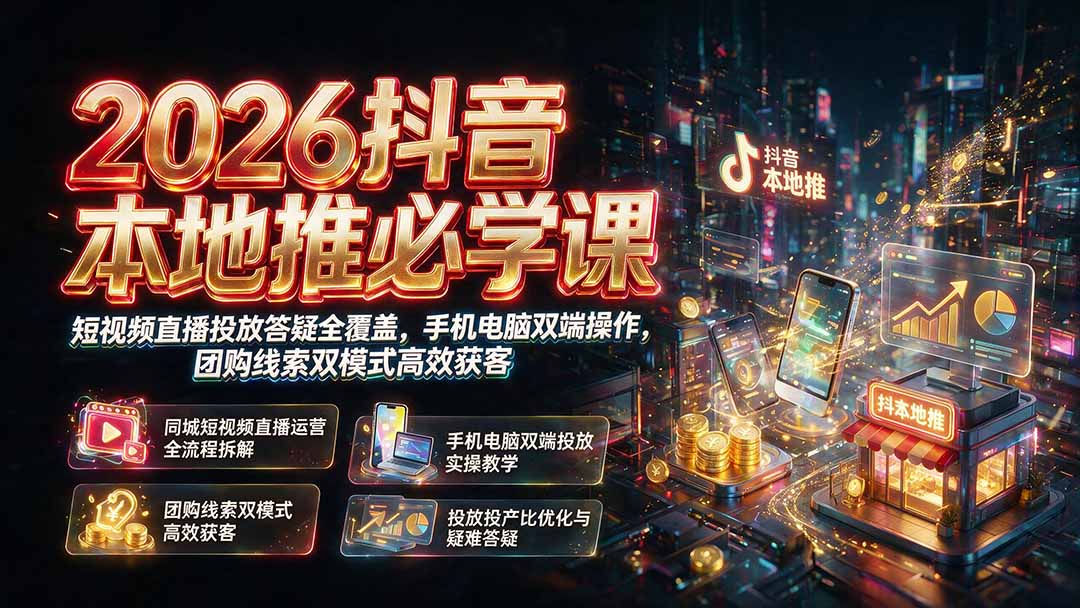2026抖音本地推必学课｜短视频直播投放答疑全覆盖，手机电脑双端操作，团购线索双模式高效获客-搞钱利器