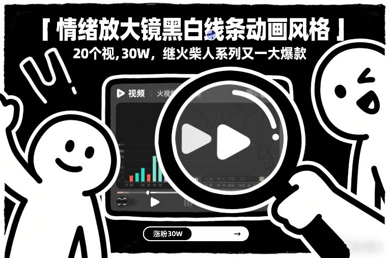 情绪放大镜黑白线条动画风格,20个视频,涨粉30W,继火柴人系列又一大爆款-搞钱利器