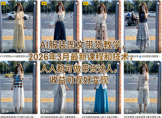 AI服装图文带货教学，2026年3月最新课程和技术，人人都可做带货达人，收益可观好变现-搞钱利器