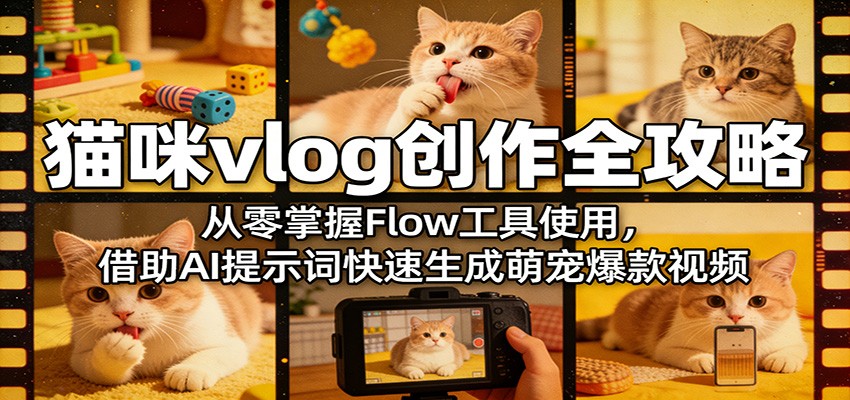 猫咪vlog创作全攻略：从零掌握Flow工具使用，借助AI提示词快速生成萌宠爆款视频-搞钱利器