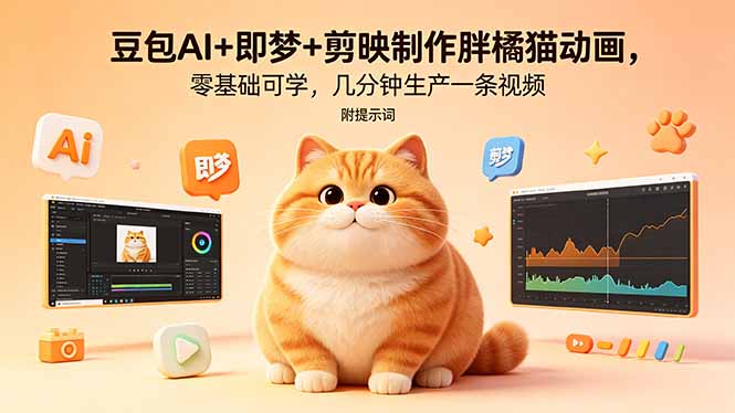 豆包AI+即梦+剪映制作胖橘猫动画，零基础可学，几分钟生产一条视频，附提示词-搞钱利器