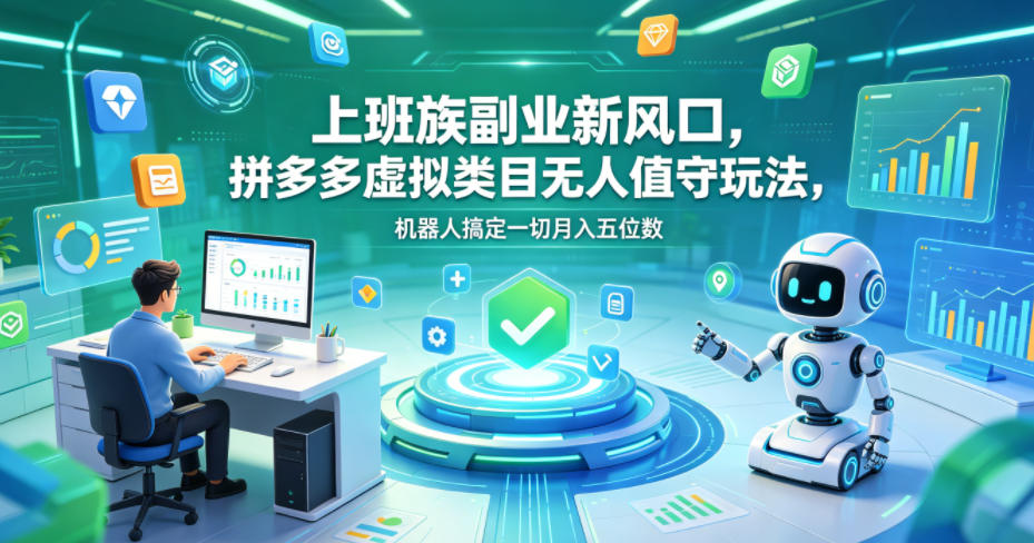 上班族副业新风口，拼多多虚拟类目无人值守玩法，机器人搞定一切月入五位数【揭秘】-搞钱利器