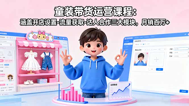童装带货运营课程：涵盖开店设置-流量获取-达人合作三大模块，月销百万+-搞钱利器