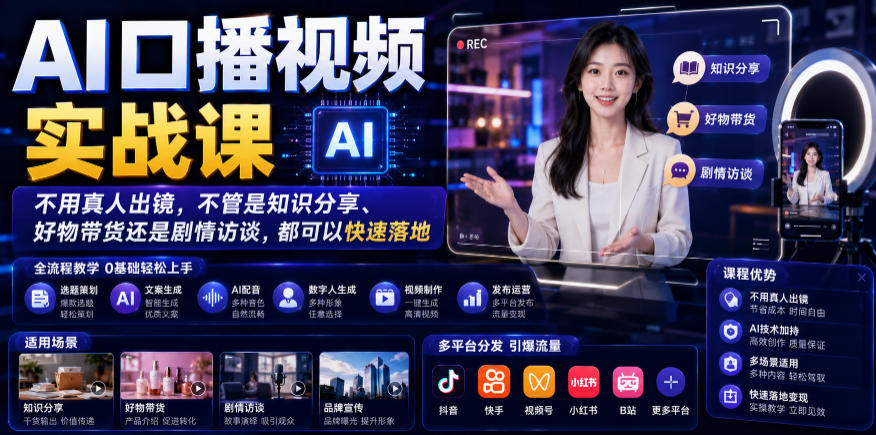 AI口播视频实战课，不用真人出镜，不管是知识分享、好物带货还是剧情访谈，都可以快速落地-搞钱利器