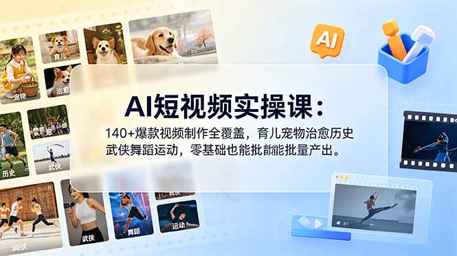 AI短视频实操课：140+爆款视频制作全覆盖，育儿宠物治愈历史武侠舞蹈运动，零基础也能批量产出-搞钱利器