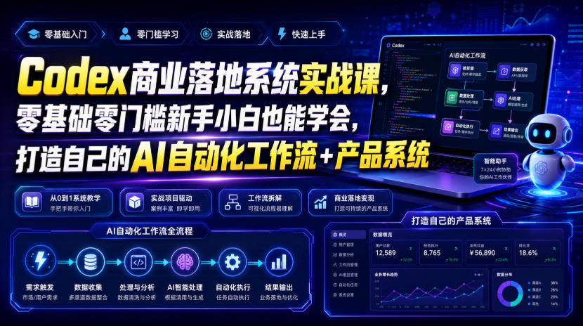 Codex商业落地系统实战课,零基础零门槛新手小白也能学会,打造自己的AI自动化工作流+产品系统-搞钱利器