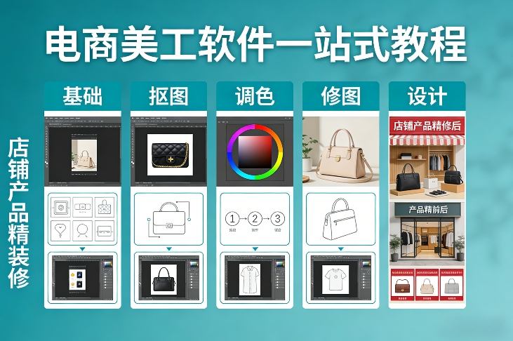 电商美工软件一站式教程，基础/抠图/调色/修图/设计，店铺产品精装修-搞钱利器