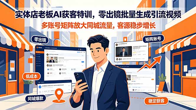 实体店老板AI获客特训，零出镜批量生成引流视频，多账号矩阵放大同城流量，客源稳步增长-搞钱利器