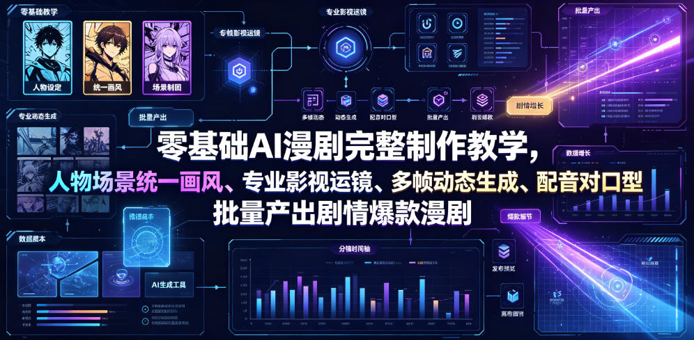 零基础AI漫剧完整制作教学，人物场景统一画风、专业影视运镜、多帧动态生成、配音对口型，批量产出剧情爆款漫剧-搞钱利器