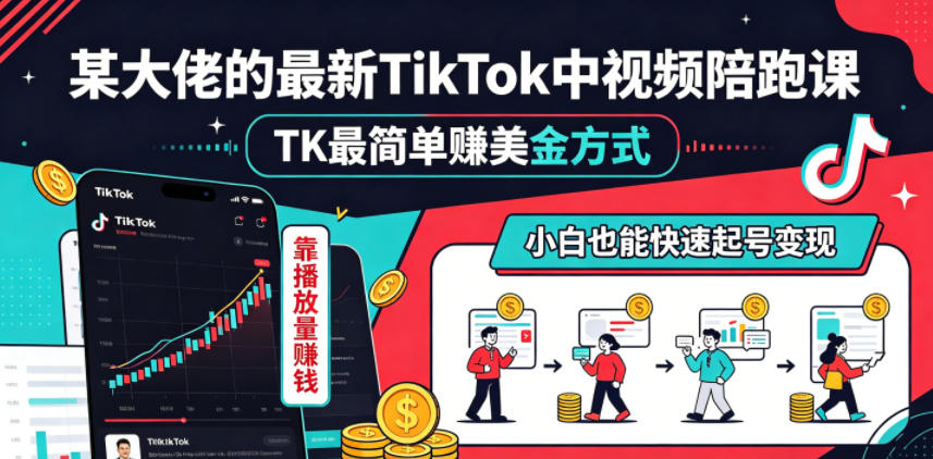 某大佬的最新TikTok中视频陪跑课，TK最简单賺美金方式，靠播放量賺钱，小白也能快速起号变现-搞钱利器