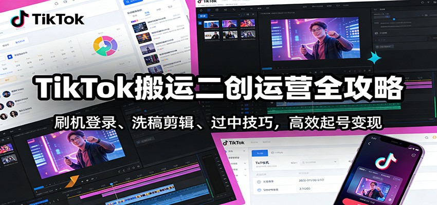 TikTok搬运二创运营全攻略：刷机登录、洗稿剪辑 、过中技巧，高效起号变现-搞钱利器