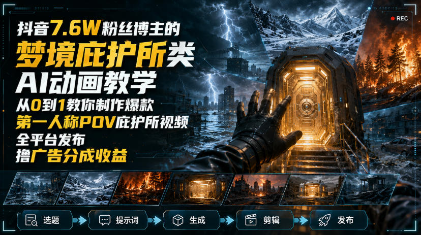 抖音7.6W粉丝博主的梦境庇护所类AI动画教学，从0到1教你制作爆款第一人称POV庇护所视频，全平台发布撸广告分成收益-搞钱利器