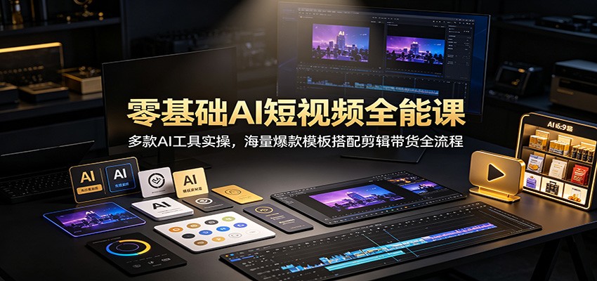零基础AI短视频全能课：多款AI工具实操，海量爆款模板搭配剪辑带货全流程-搞钱利器