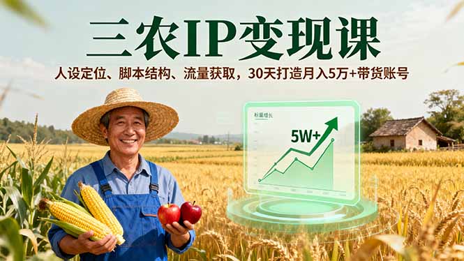 三农IP变现课，人设定位、脚本结构、流量获取，30天打造月入5万+带货账号-搞钱利器