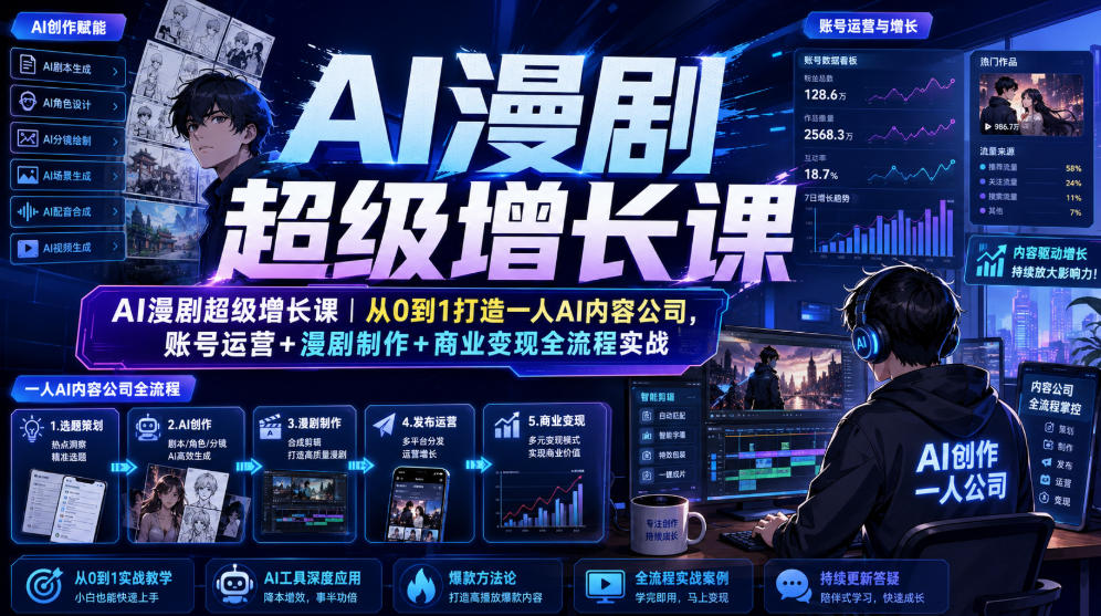 AI漫剧超级增长课｜从0到1打造一人AI内容公司，账号运营+漫剧制作+商业变现全流程实战-搞钱利器