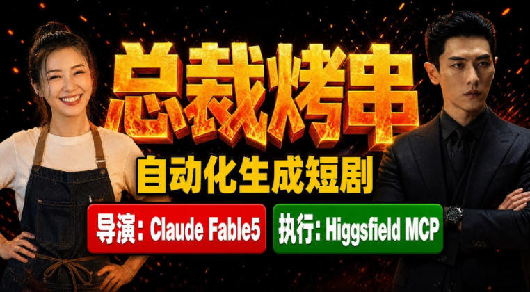 Claude Fable5担任导演+Higgsfield MCP落地执行｜《总裁烤串》真人质感短剧全自动AI生成全流程教学-搞钱利器
