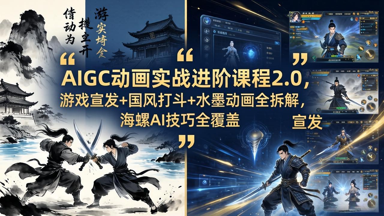 AIGC动画实战进阶课程2.0，游戏宣发+国风打斗+水墨动画全拆解，海螺AI技巧全覆盖-搞钱利器