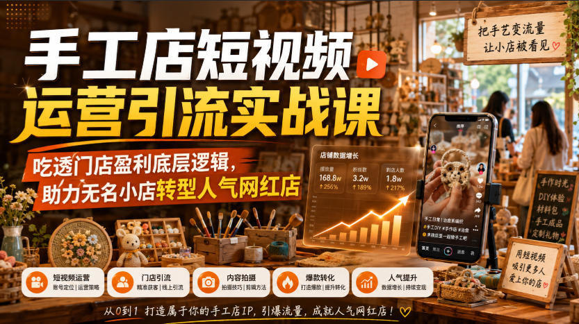 手工店短视频运营引流实战课，吃透门店盈利底层逻辑，助力无名小店转型人气网红店-搞钱利器