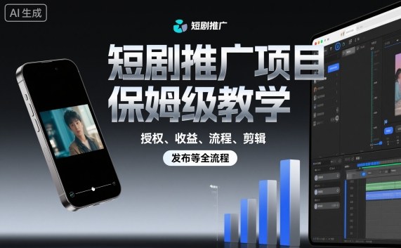 短剧推广项目保姆级教学,授权、收益、流程、剪辑,发布等全流程-搞钱利器