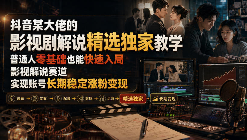 抖音某大佬的影视剧解说精选独家教学，普通人零基础也能快速入局影视解说赛道，实现账号长期稳定变现-搞钱利器