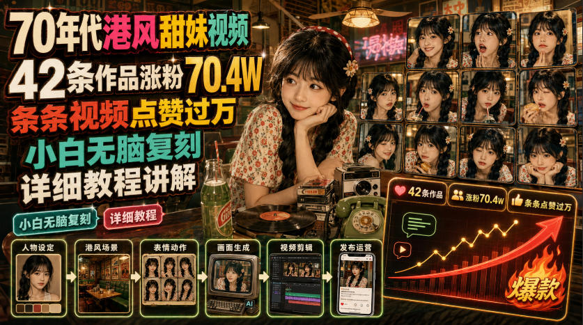 70年代港风甜妹视频,42条作品涨粉70.4W,条条视频点赞过万,小白无脑复刻,详细教程讲解-搞钱利器