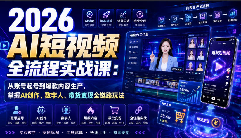 2026 AI短视频全流程实战课：从账号起号到爆款内容生产，掌握AI创作、数字人、带货变现全链路玩法-搞钱利器