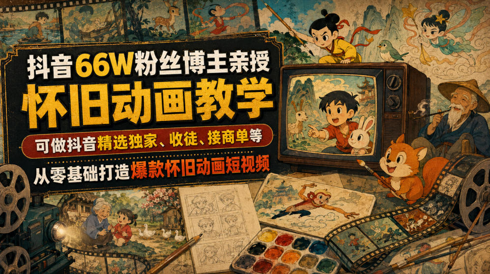 抖音66W粉丝博主亲授怀旧动画教学，可做抖音精选独家、收徒、接商单等，从零基础打造爆款怀旧动画短视频-搞钱利器