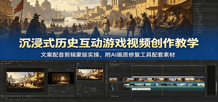 沉浸式历史互动游戏视频创作教学：文案配音剪辑蒙版实操，附AI画质修复工具配套素材-搞钱利器