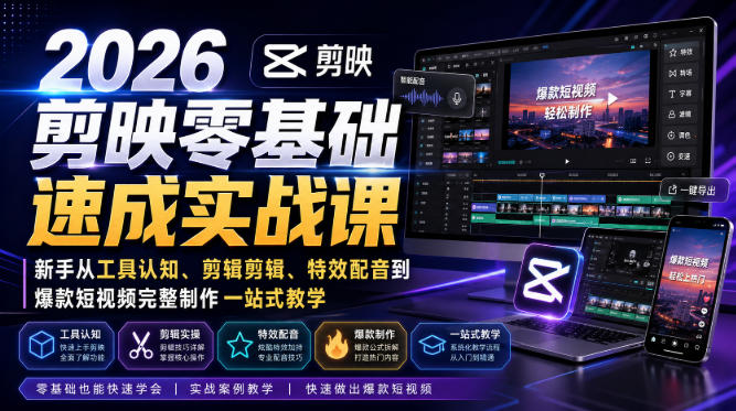 2026剪映零基础速成实战课｜新手从工具认知、剪辑剪辑、特效配音到爆款短视频完整制作一站式教学-搞钱利器