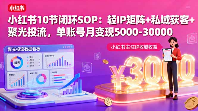 小红书10节闭环SOP：轻IP矩阵+私域获客+聚光投流，单账号月变现5000-30000-搞钱利器