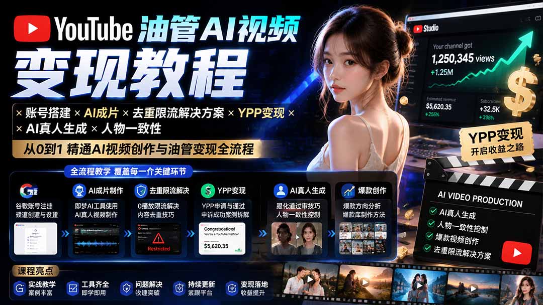 YouTube油管AI视频变现教程-更新：账号搭建×AI成片×去重限流解决方案×YPP变现×AI真人生成×人物一致性-搞钱利器